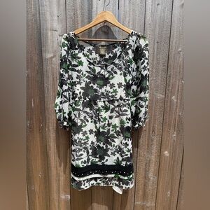 Black, green and White Sheath Dress with Bishop Sleeves for Wedding Guest